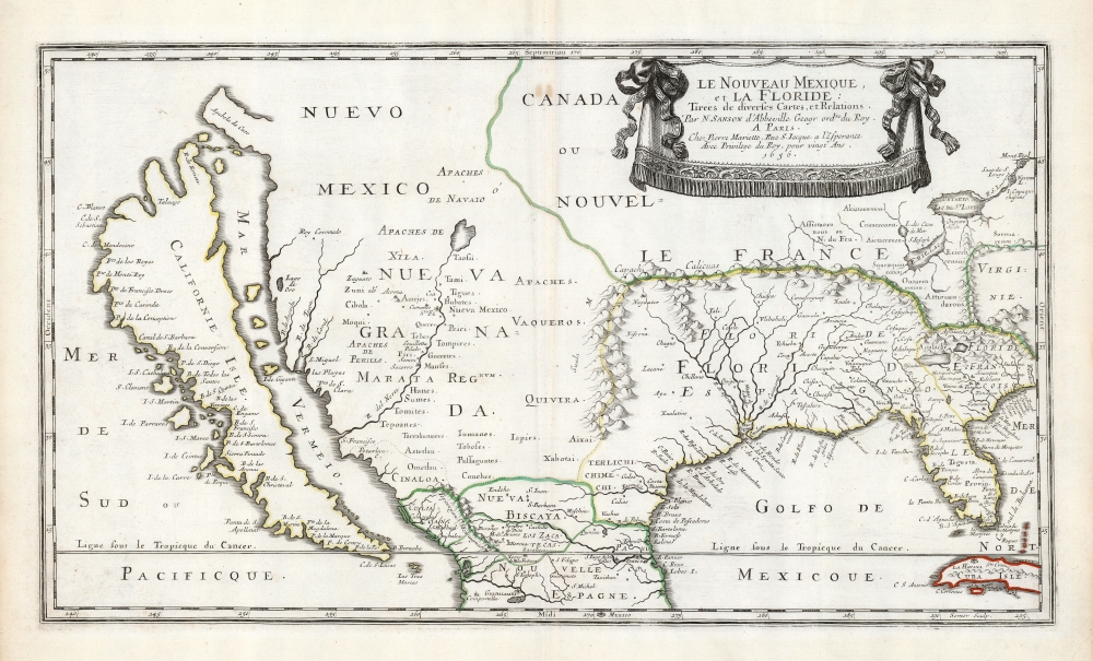 Le Nouveau Mexique, et la Floride: Tirées de diverses Cartes, et Relations. Par N. Sanson d'Abbeville Geogr ordre du Roy. A Paris. Chez Pierre Mariette, Rue S. Jacque a l'Esperance Avec Privilege du Roy, pour vingt Ans. 1656. - Main View