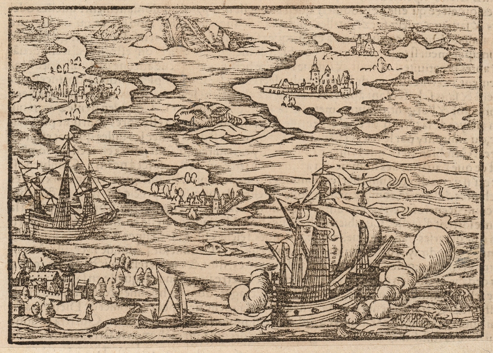 Münster Woodcut View of Islands, Ships and Monsters