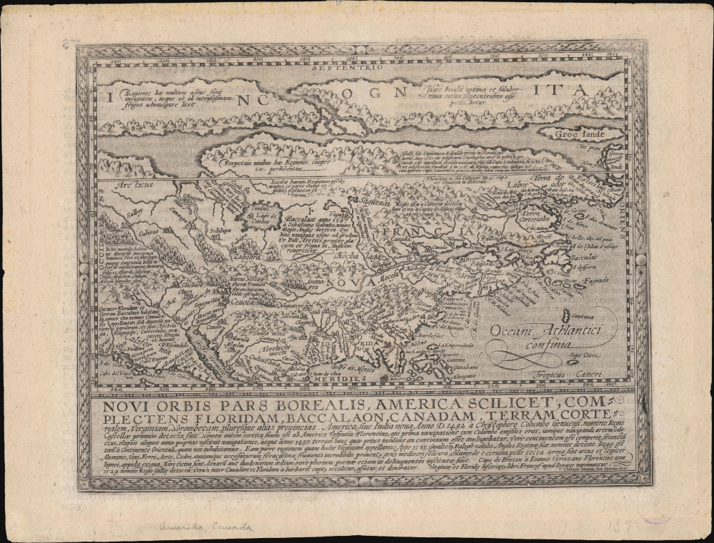 Novi Orbis Pars Borealis, America Scilicet, Complectens Floridam, Baccalaon, Canadam, Terram Corte . . . 1585. - Main View