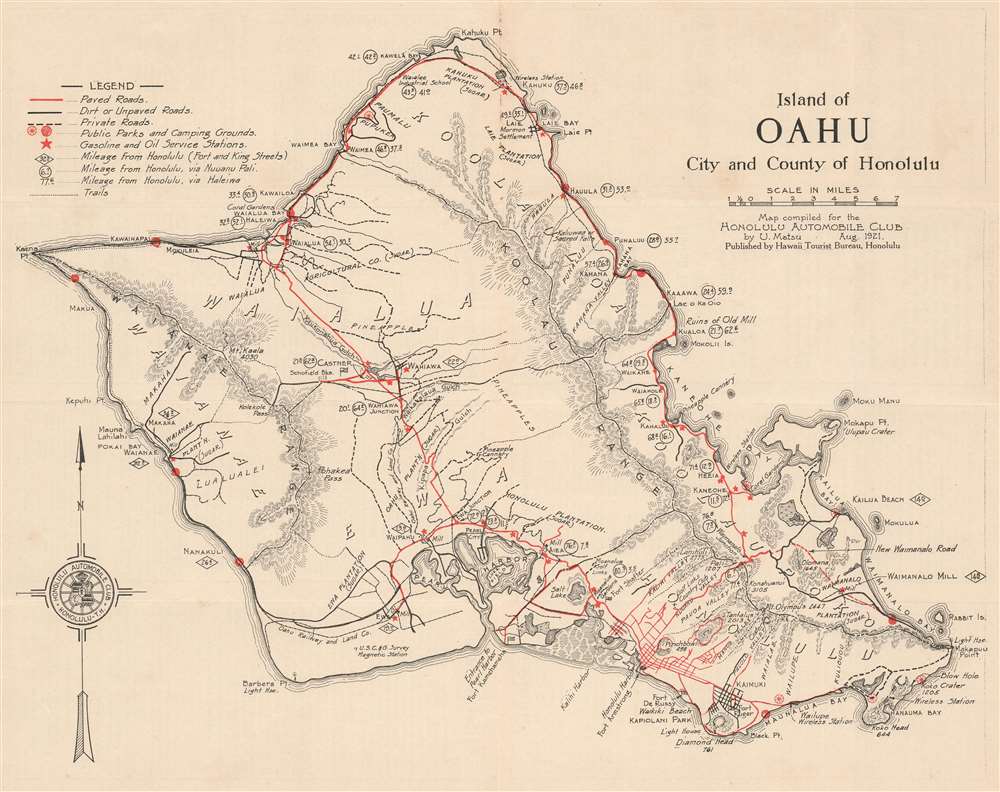 1921 Matsu Road Map of Oahu, Hawaii. - Main View