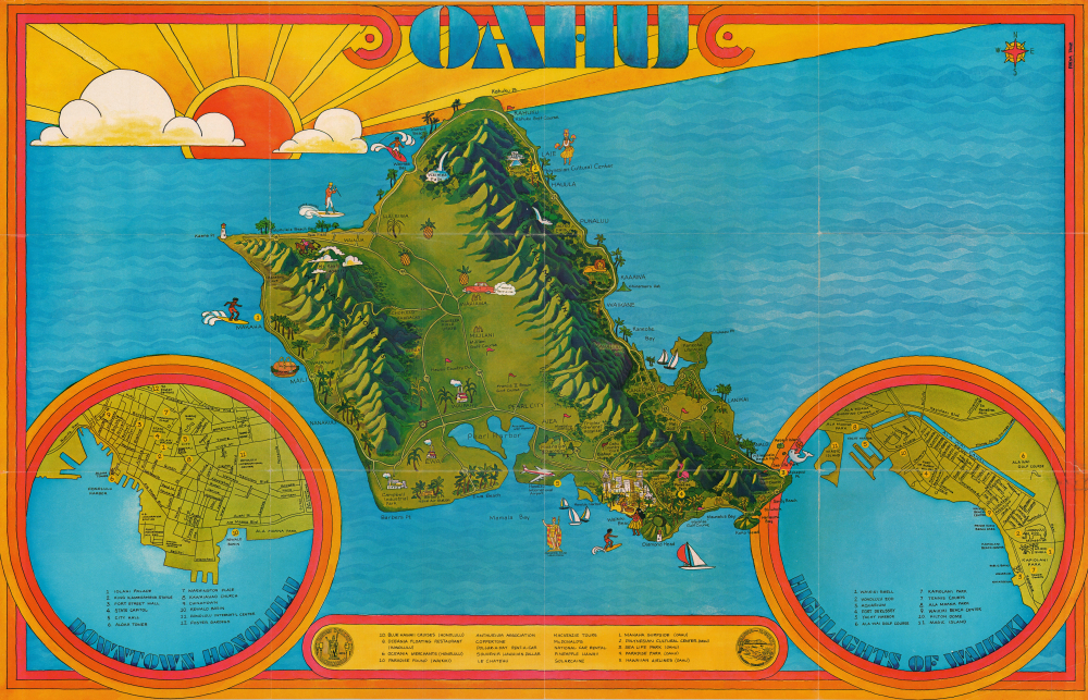 1970 Freya Tanz Promotional Pictorial Map of Oahu, Hawaii