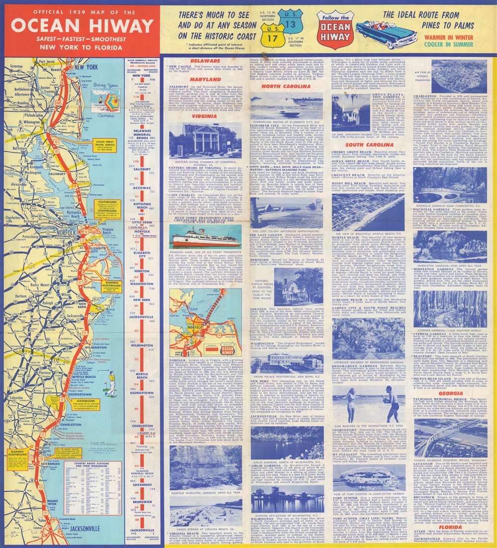 Official 1959 Map of the Ocean Hiway Safest - Fastest - Smoothest New York to Florida. - Alternate View 1