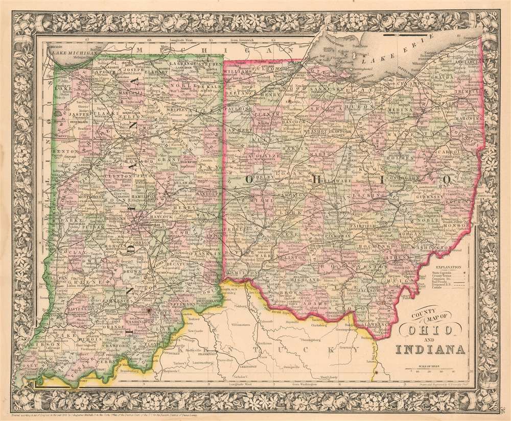 1863 Mitchell Map of Ohio and Indiana