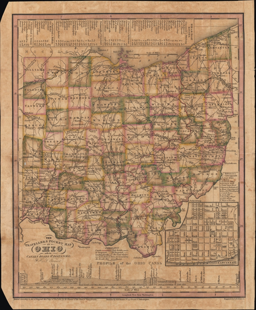 The Travellers Pocket Map of Ohio with its canals, roads and distances. / Ohio Traveller. - Main View
