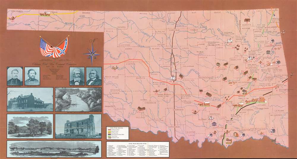 1963 Wright and Fischer Pictorial Map of Oklahoma Civil War Sites