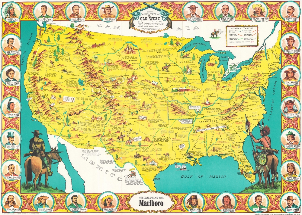Sheriff Danny Arnold's Pictorial Map of the Old West Showing pioneer trails and battles, Indian's territories, stagecoach lines, military forts, historical data of the frontier period around 1840. - Main View