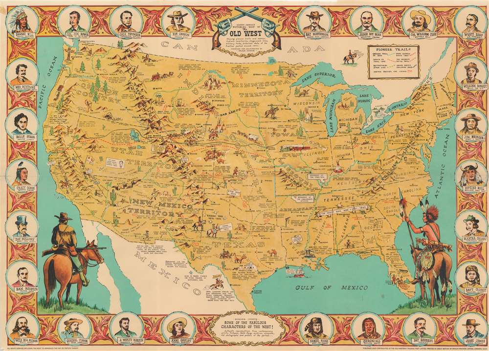 Danny Arnold's Pictorial Map of the Old West Showing pioneer trails and battles, Indian's territories, stagecoach lines, military forts, historical data of the frontier period around 1840. - Main View