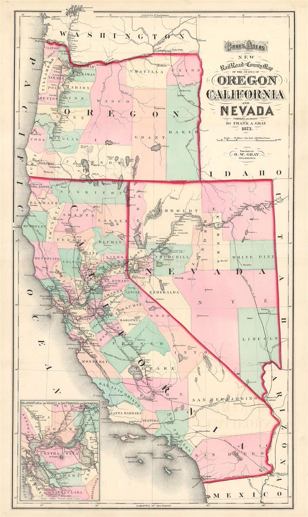 Gray's Atlas New Railroad and County Map of the States of Oregon California and Nevada. - Main View