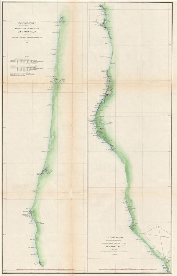 Progress of the Survey in Section No. XI (Lower Sheet) From the California Line to Tillamook Bay. /  Progress of the Survey in Section No. X (Upper Sheet)  From Tomales Bay to the Oregon Line. - Main View