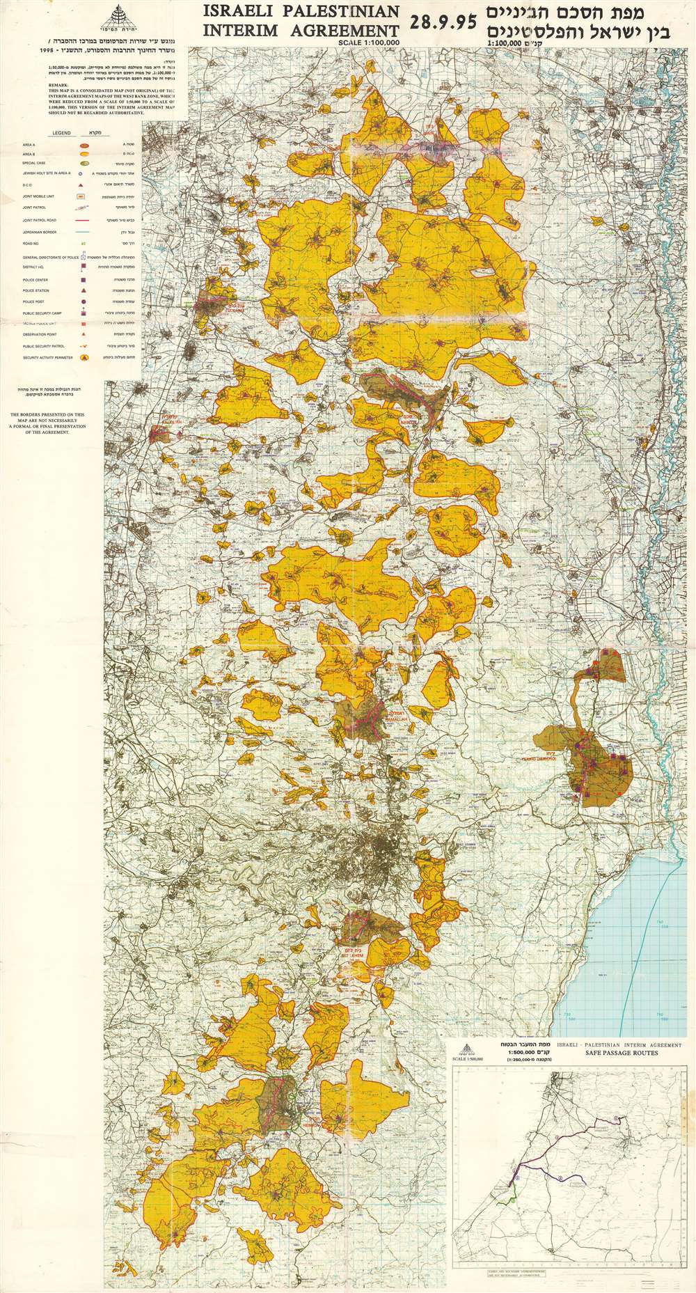 Map of the Interim Agreement between Israel and the Palestinians 09-28-95 / [מפת הסכם הביניים בין ישראל והפלסטינים 28.9.95]. - Main View