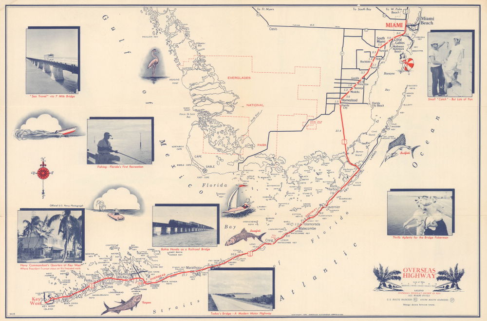 1950 American Automobile Association Overseas Highway Road Map, Florida Keys
