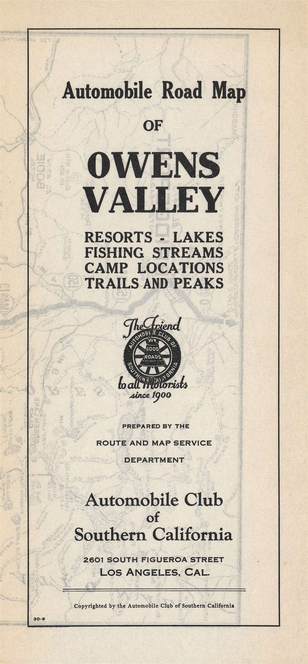Automobile road map of Owens Valley : resort, lakes, fishing streams, camp locations, trails and peaks. - Alternate View 2