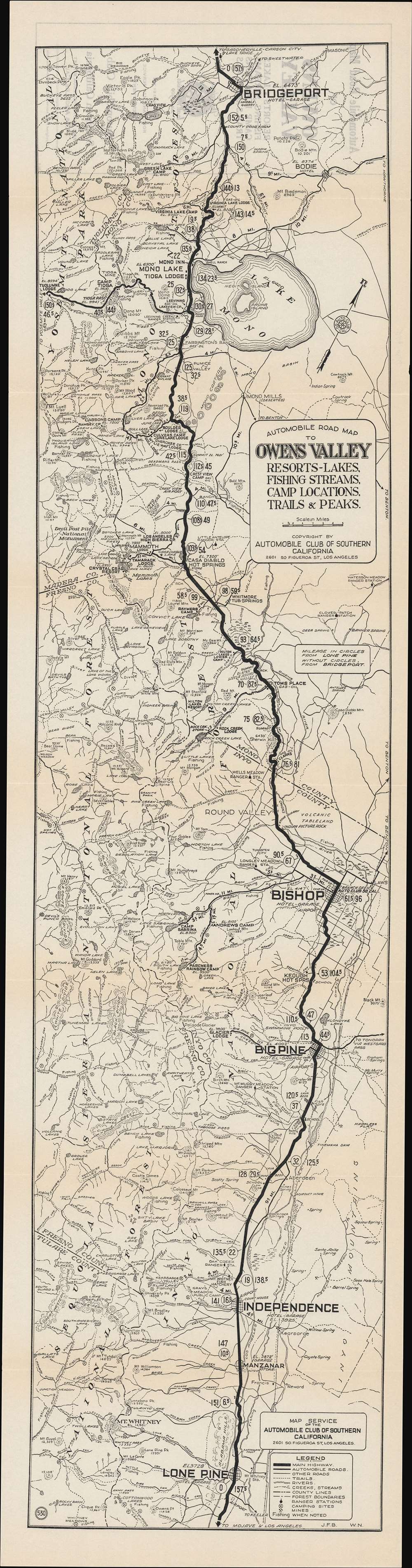 Automobile road map of Owens Valley : resort, lakes, fishing streams, camp locations, trails and peaks. - Main View