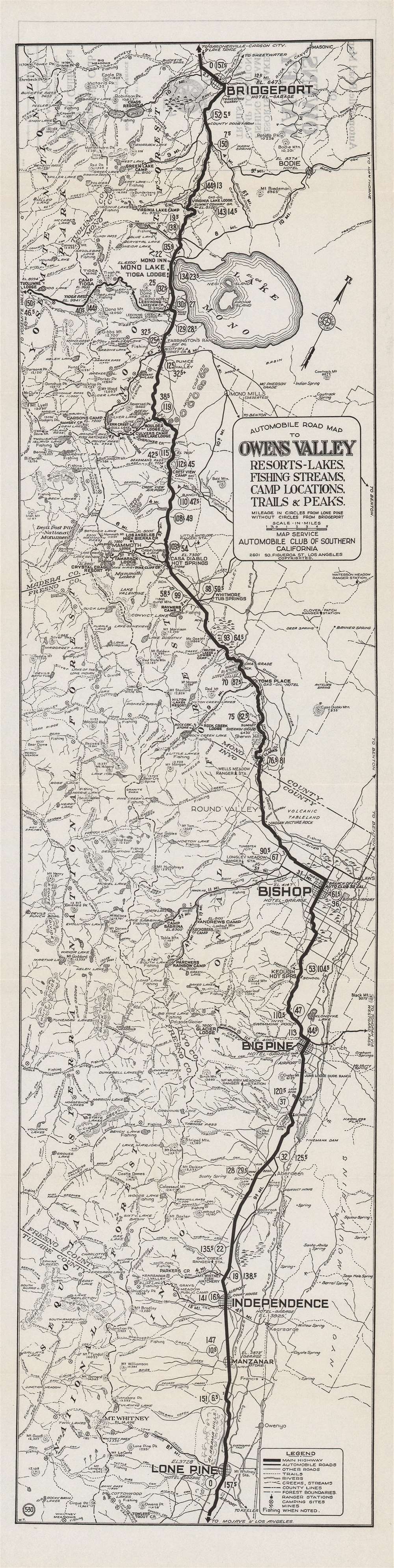 Automobile road map of Owens Valley : resort, lakes, fishing streams, camp locations, trails and peaks. - Main View
