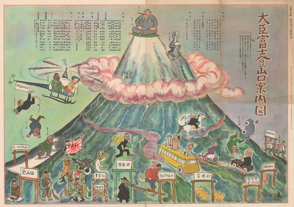 1954 Showa 29 Satirical Map of Mount Fuji, Japan as PM Shigeru Yoshida