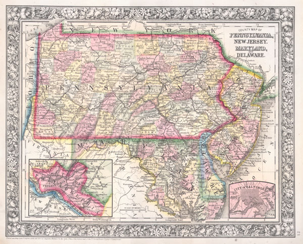 1864 Mitchell Map of Pennsylvania, New Jersey, Delaware and Maryland