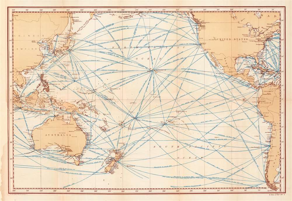 Distance Map of the Pacific Ocean... showing tracks of full-powered steam vessels, with the shortest routes between points, in nautical miles. - Main View