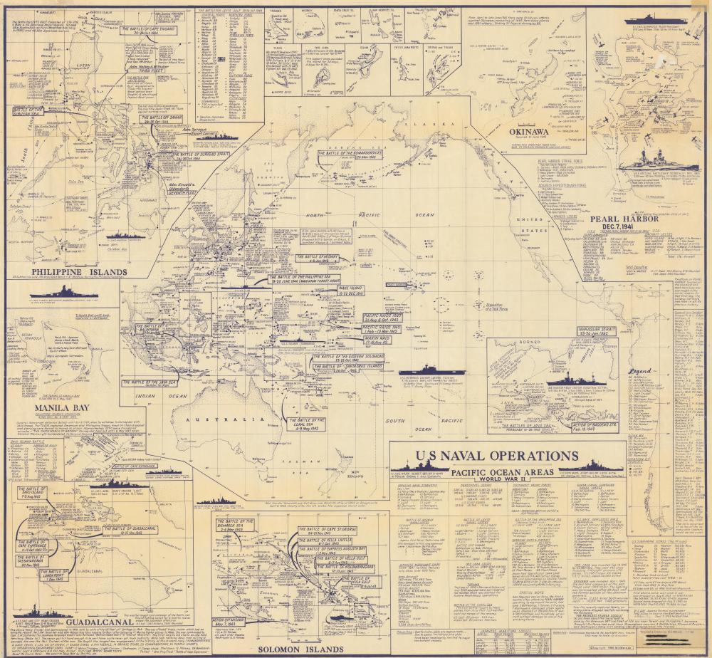 1995 Metzler Infographic Map of the Pacific Theater Naval Battles During World War II