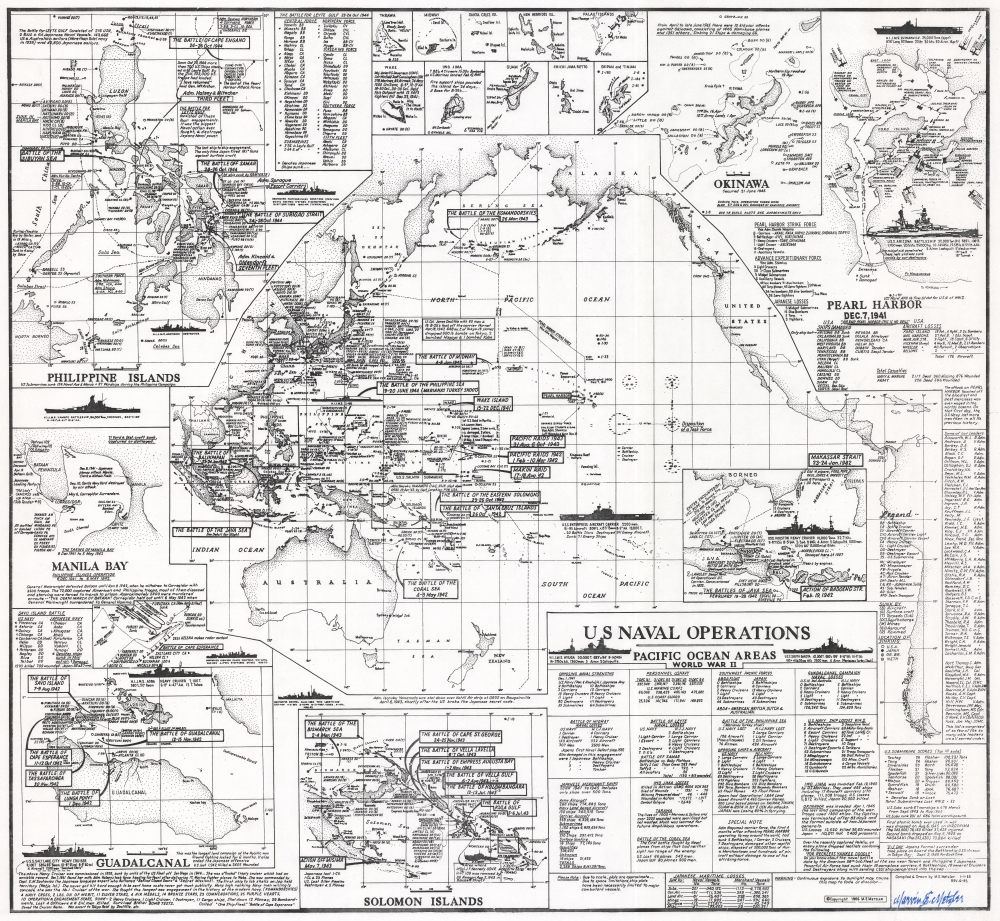 1995 Metzler Infographic Map of the Pacific Theater Naval Battles During World War II