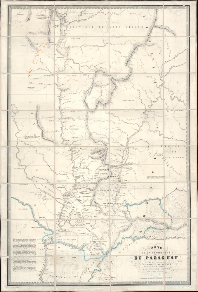 Carte de la Républiuque Du Paraguay dédiée et présentée à sa Majesté Napoléon III Empereur des Français, par le Comte Lucien de Brayer Consul de France au Paraguay. Publiée pat en 1863. - Main View