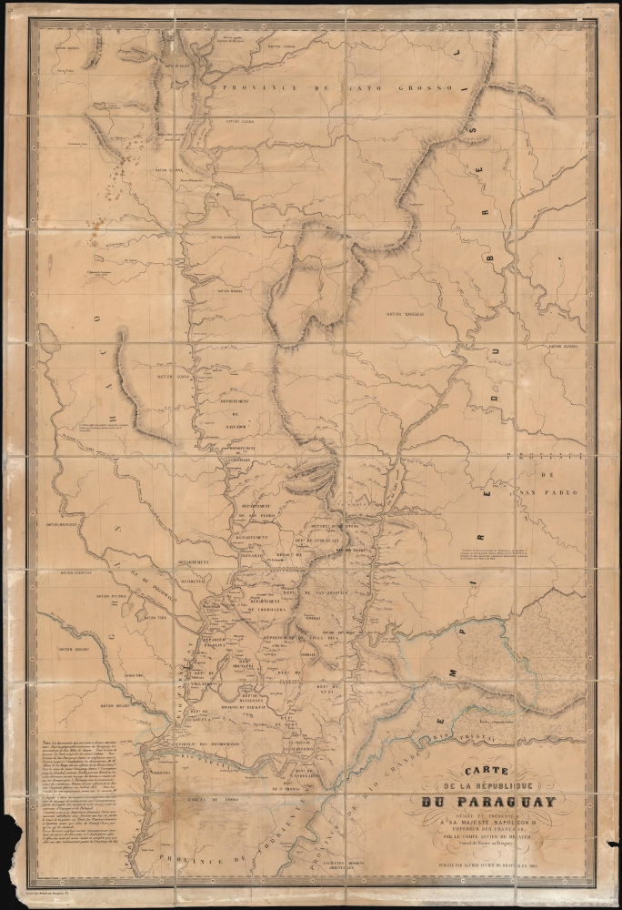 Carte de la Républiuque Du Paraguay dédiée et présentée à sa Majesté Napoléon III Empereur des Français, par le Comte Lucien de Brayer Consul de France au Paraguay.. Publiée pat en 1863. - Main View