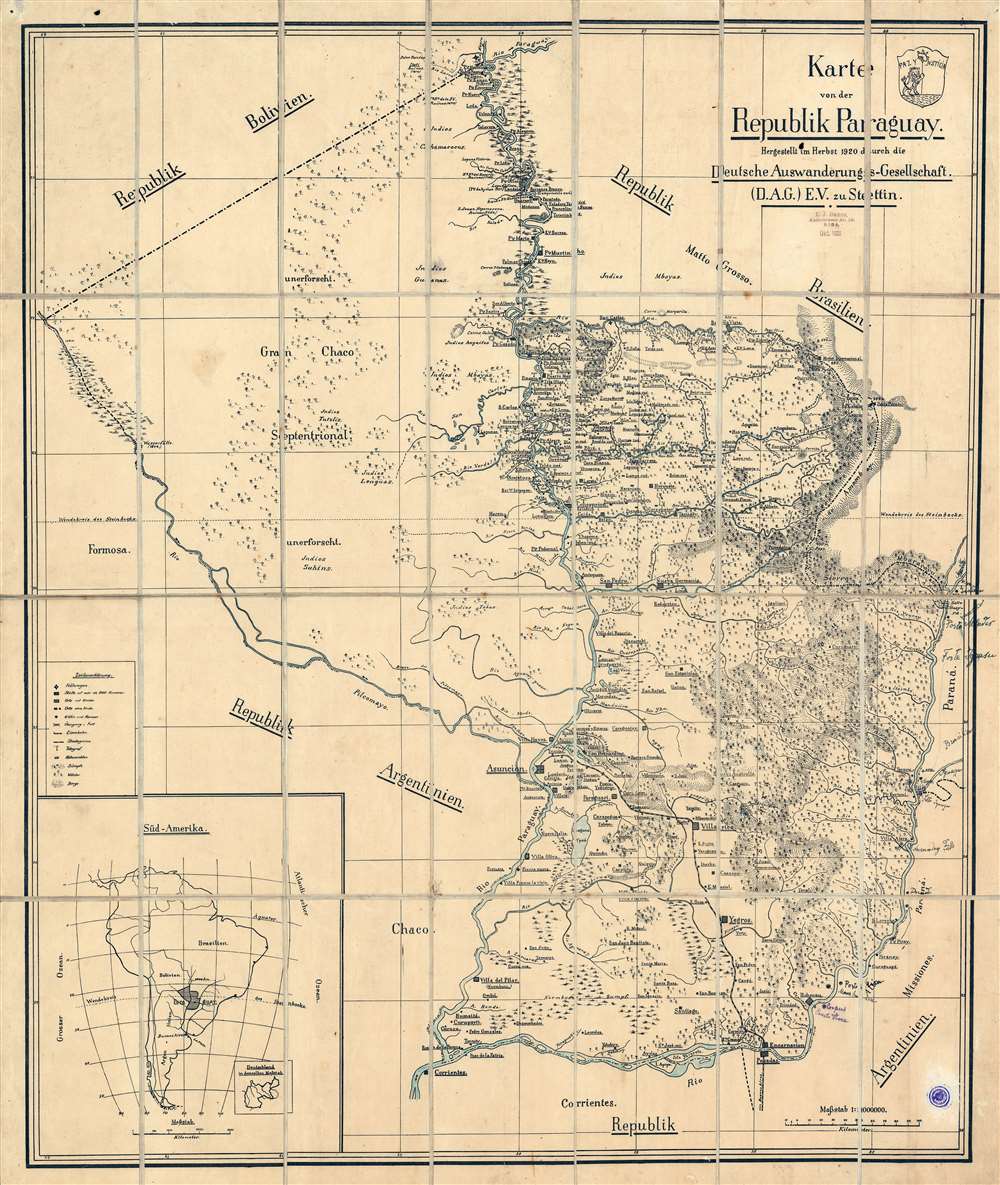 Karte von der Republik Paraguay. Hergetellt im Herbst 1920 durch die Deutsche Auswanderungs-Gesellschaft (D.A.G.) E.V. zu Stettin. - Main View