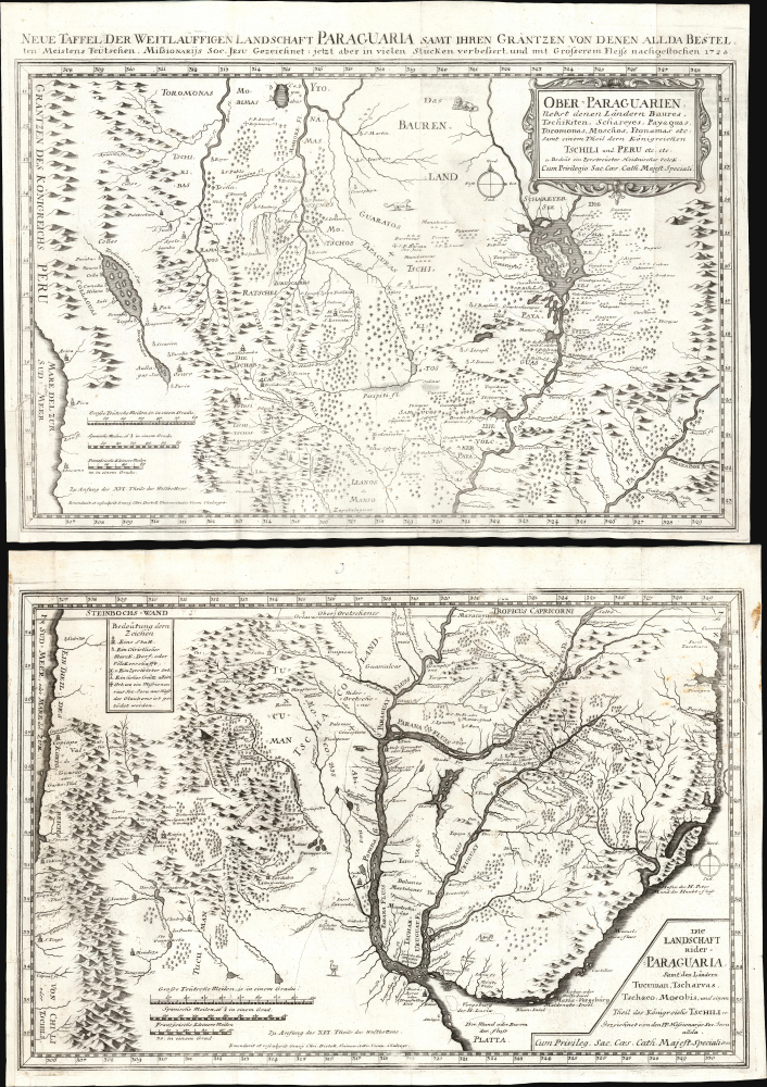 Ober-Paraguarien : Nebst denen Länderen Baures, Tschikiten, Schareyes, Paraguas, Toromonas, Moschos, Ytonamas etc. samt einem Theil dern Königreichen Tschili und Peru etc. etc/ Die Landschaft nider-Paraguaria : Samt den Ländern Tucuman, Tscharvas, Tschaco, Mocobis, und einem Theil des Königreichs Tschili ec. - Main View