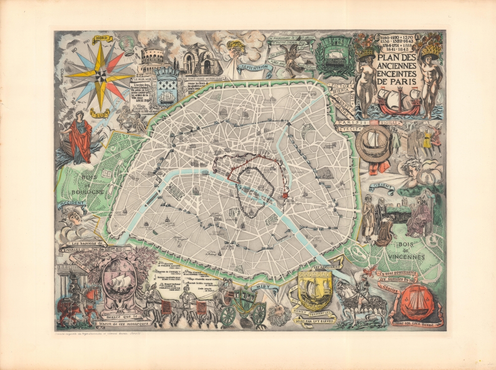 1937 Clement Serveau Pictorial / Historical Map of Paris w/City Walls