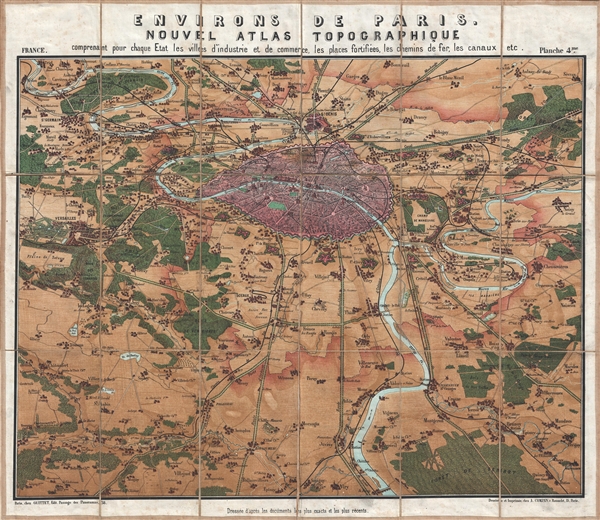 Environs de Paris. Nouvel Atlas Topographique comprenant pour chaque Etat les villes d'industrie et de commerce, les places fortifiées, les chemins de fer, les canaux etc. - Main View