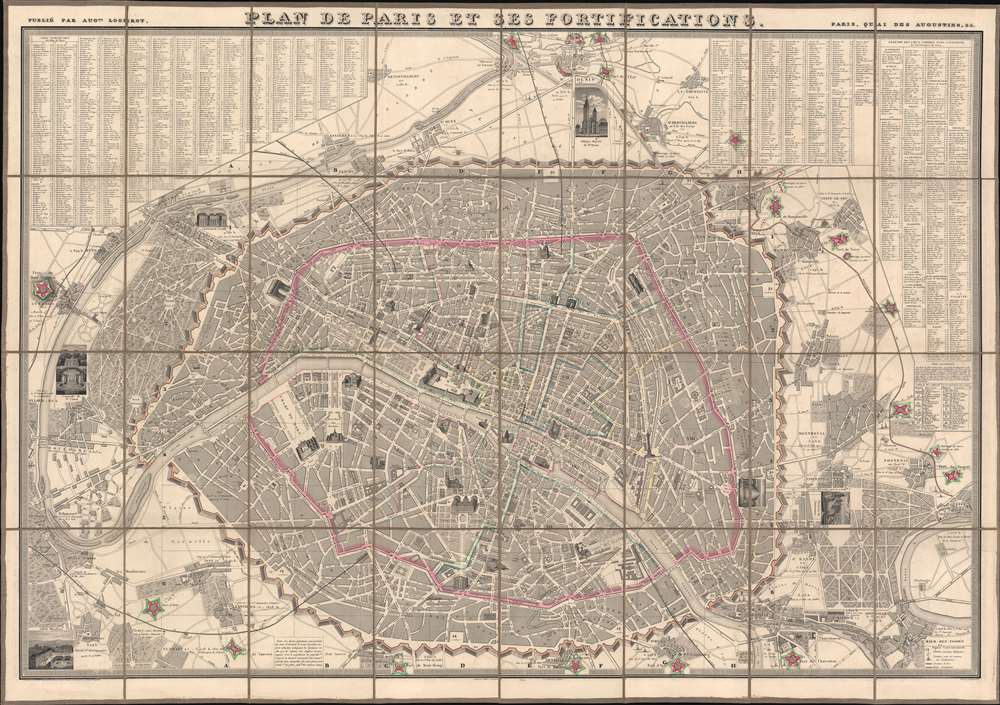 1844 Logerot Map of Paris w/ Vignettes and Fortifications