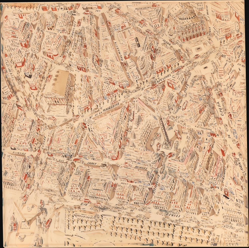 1930s Joseph Pinchon Watercolor Map of Paris, 1st and 2nd arrondissements.
