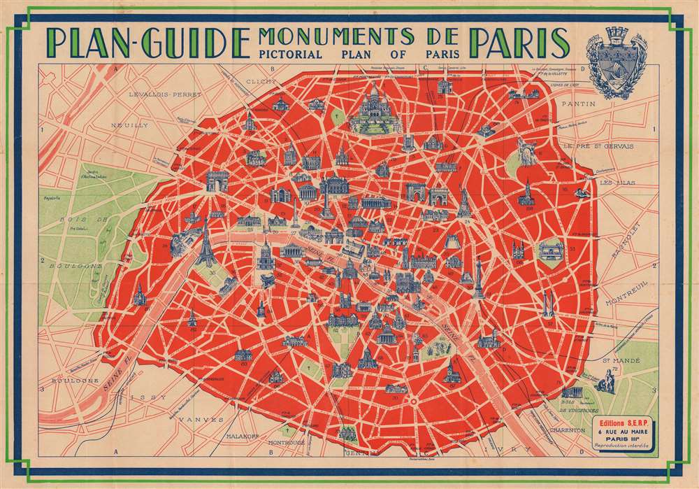 Plan-Guide Monuments de Paris. Pictorial Plan of Paris. / Plan-Guide des Promenades Autour de Paris. Plan of Paris and Surroundings. - Main View