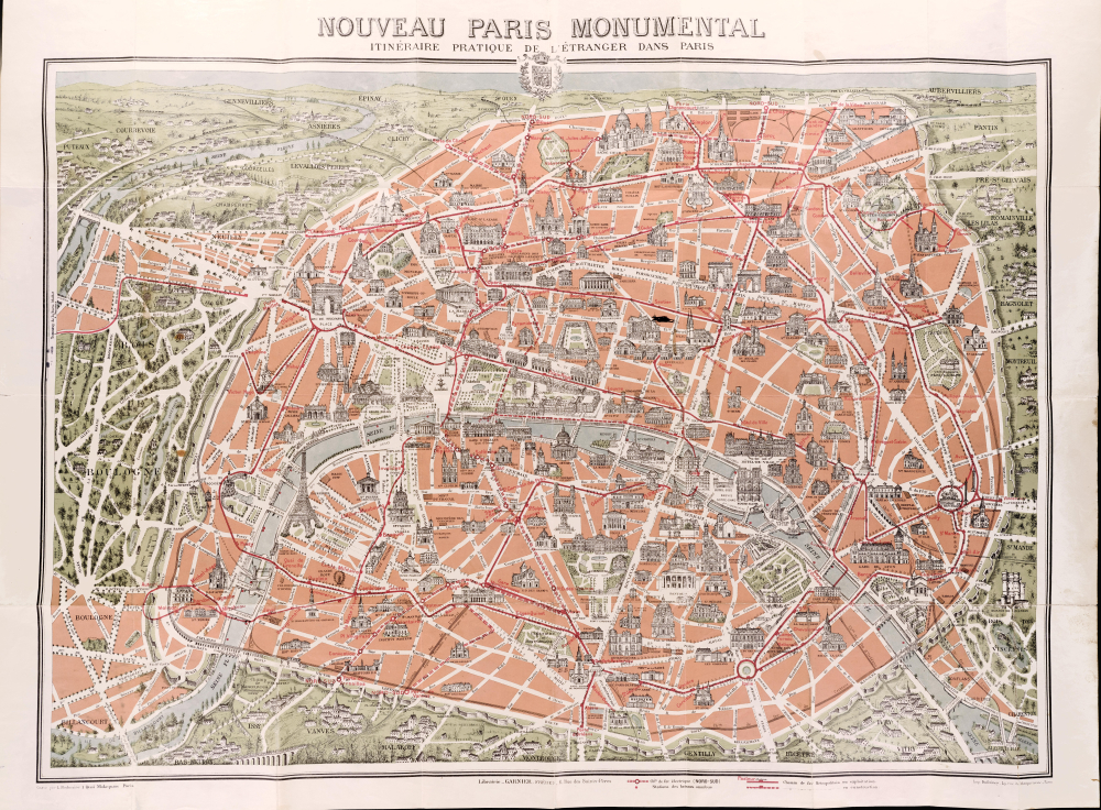 1916 Garnier Pictorial Map of Paris, France w/ Monuments
