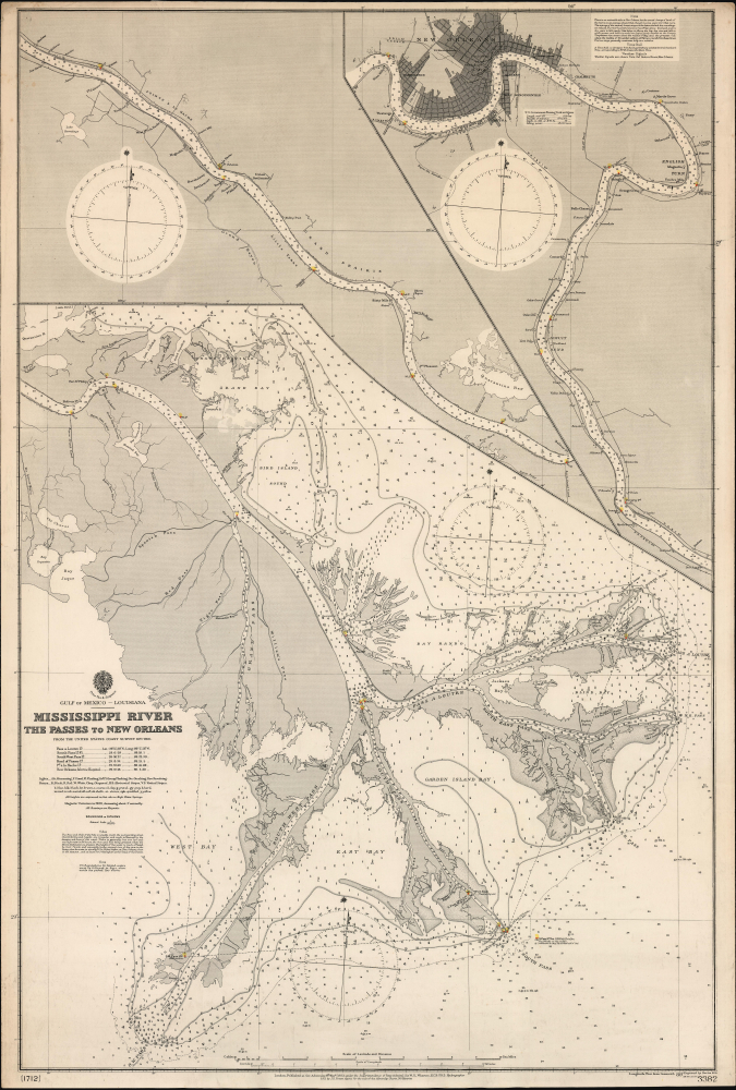 1903 / 1908 British Admiralty Nautical Chart of the Mississippi River from New Orleans to its Mouth
