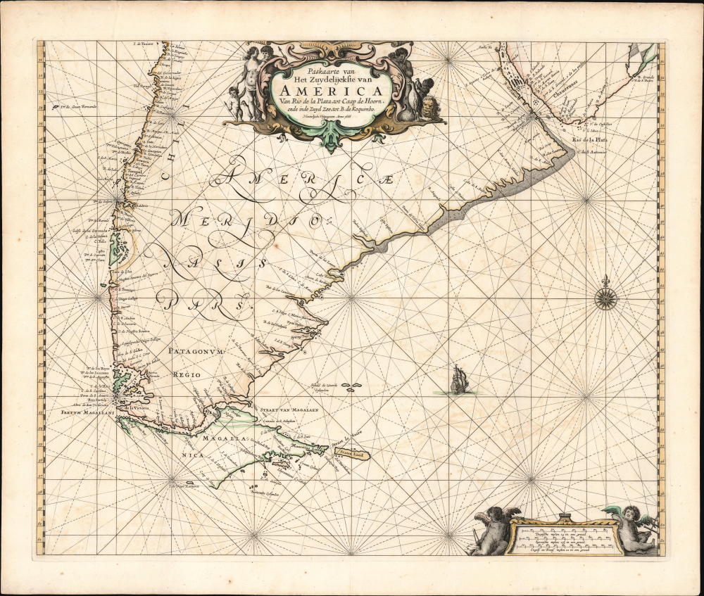 1666 Pieter Goos Chart of Patagonia and Tierra del Fuego (Argentina, Chile, Uruguay)