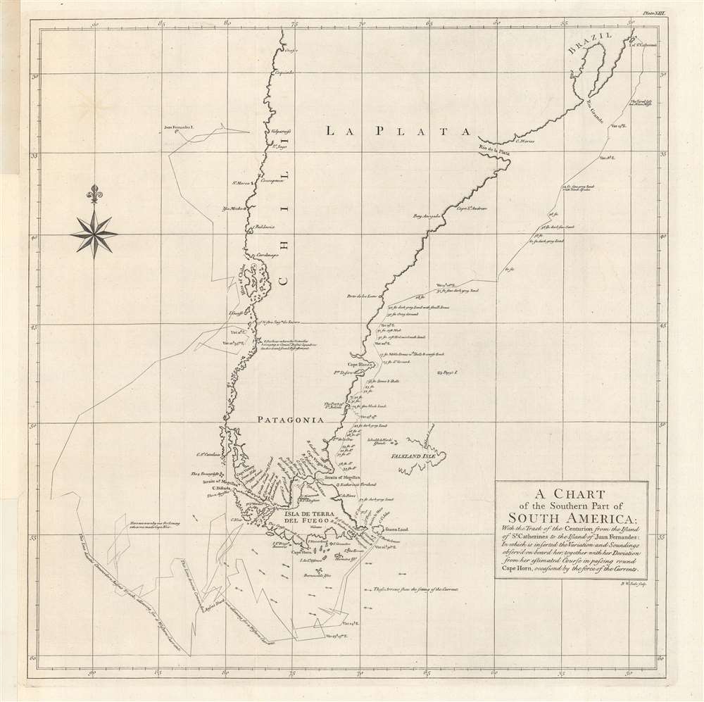 A chart of the southern part of South America, with the track of the Centurion... - Main View