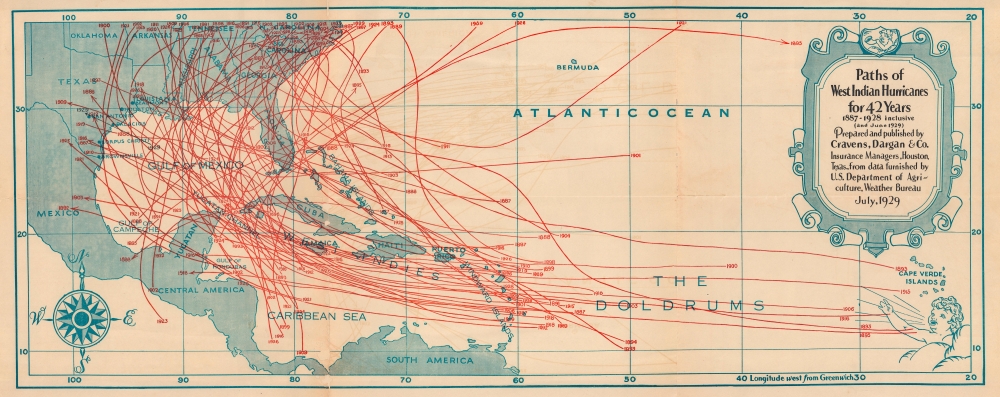 Paths of West Indian Hurricanes for 42 Years 1887 - 1928 inclusive (and June 1929). - Main View