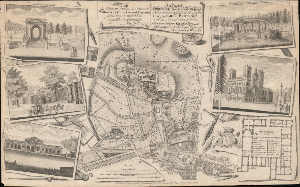 Plan du chateau, Jardin et Parc de Wilton la Terre du Comte de Pembroke, située dans la comté de Wilts. à 75 miles de Londres par J. Rocque… / An Exact Survey of the Beautiful and Magnificent House, Garden and Park of the Right Honble. the Earl of Pembroke with the ancient town of Wilton 3 miles from Salisbury… - Main View