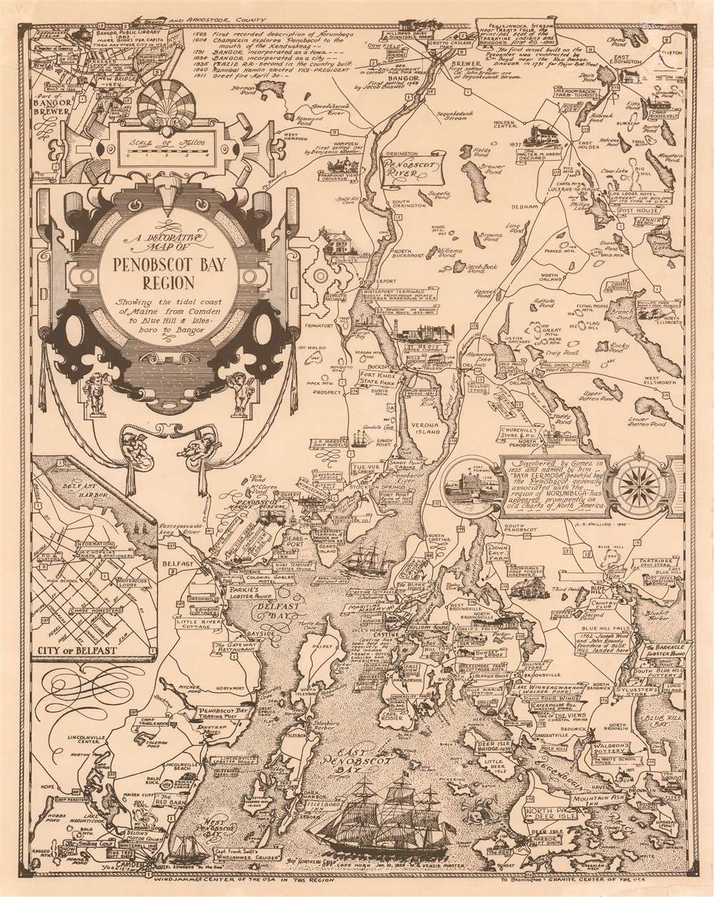 A Decorative Map of Penobscot Bay Region Showing the tidal coast of Maine from Camden to Blue Hill and Isles boro to Bangor. - Main View