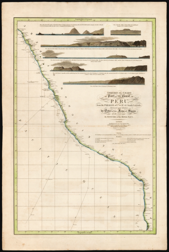 Spherical chart of part of the coast of Peru, from the Parallel of 7.° to 21.° 45.' South Latititude; Surveyed and Drawn by Order of the King of Spain in the year 1790, By Officers of the Royal Navy. - Main View