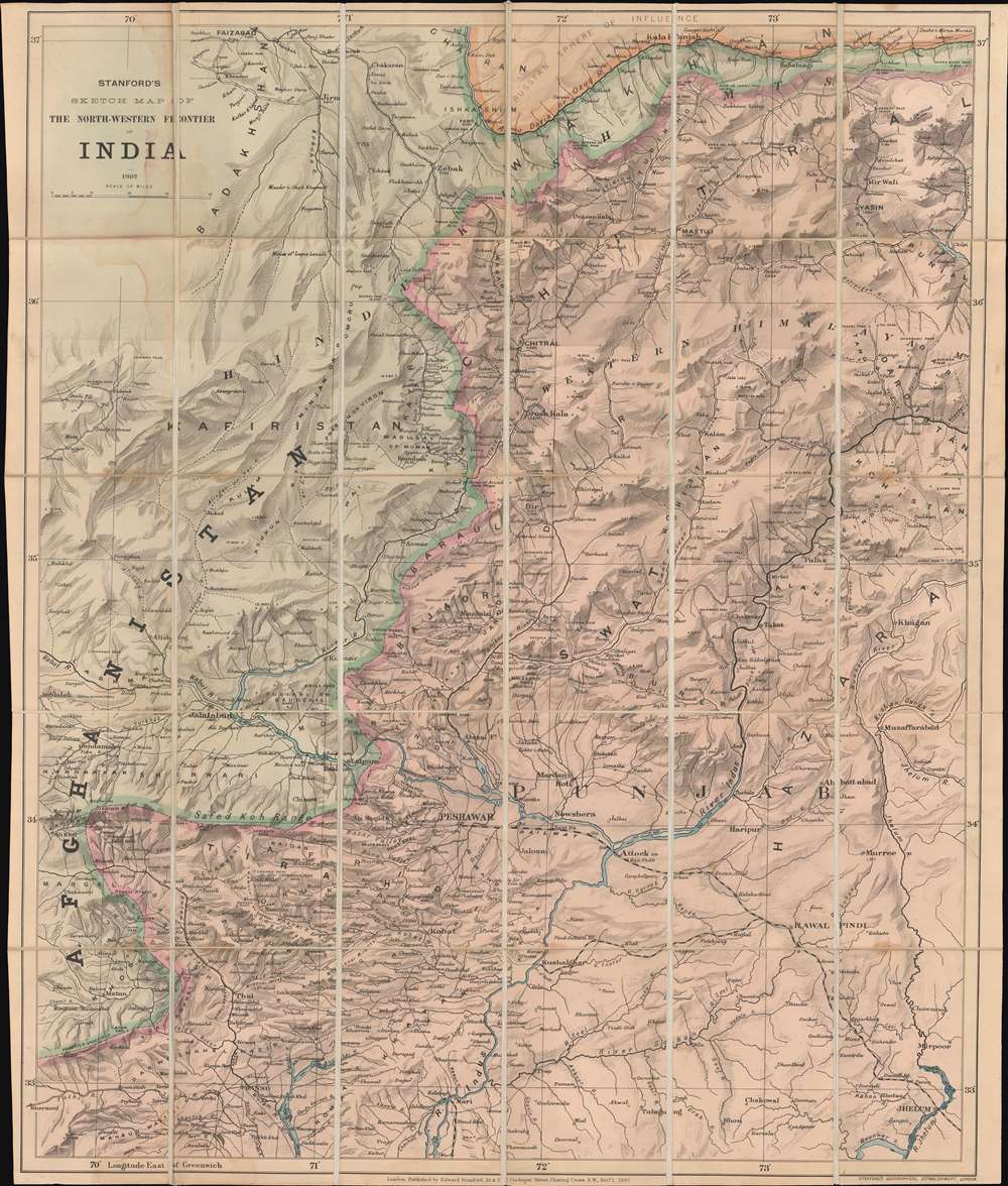 1897 Stanford Map of Northern Pakistan and eastern Afghanistan: Peshawar