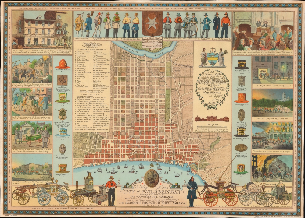 A Map of the City of Philadelphia Showing the Location of the Volunteer Fire Companies with Pictures of Some of their Engines and Equipment, Prior to, and Contemporaneous with, the Founding of the Insurance Company of North America. - Main View