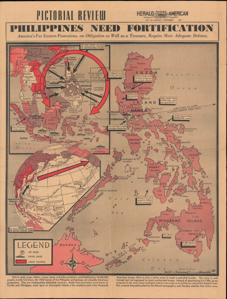 1941 'Pictorial Review' Map of the Philippines, Eve of Pearl Harbor Attack, World War II