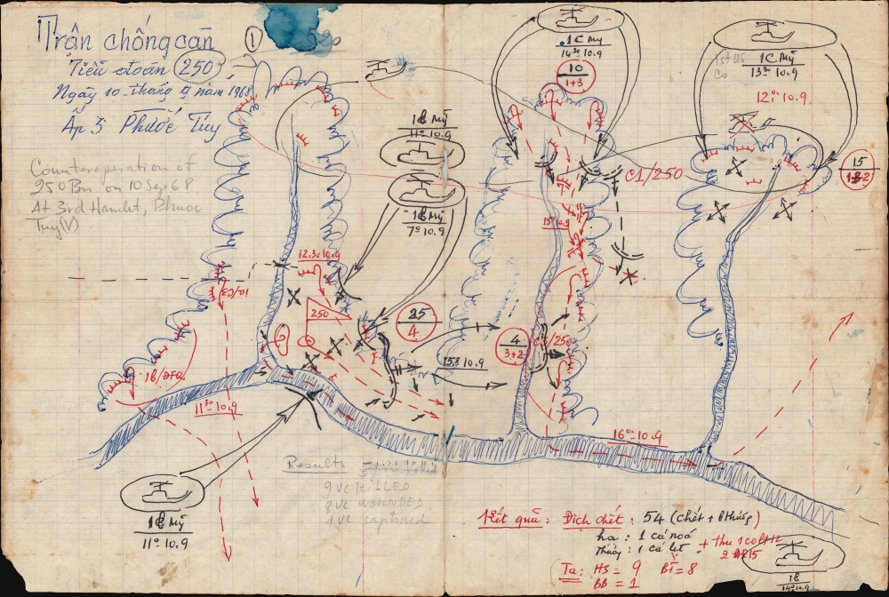 1968 Viet Cong Manuscript Map of a Battle at Phước Túy, South Vietnam