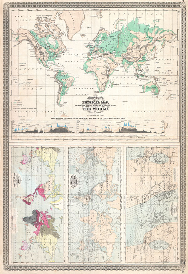 Johnson's Physical Map, Showing the Principal Mountains, Plateaus, & Plains of The World. / Johnson's World.  Showing the Lines of Equal Magnetic Declination. / Johnson's World.  Showing the Course of the Tidal-Wave in the Three Great Oceans and the Distribution of Volcanoes. / Johnson's World.  Showing teh Distribution of the Principal Races of Man. - Main View