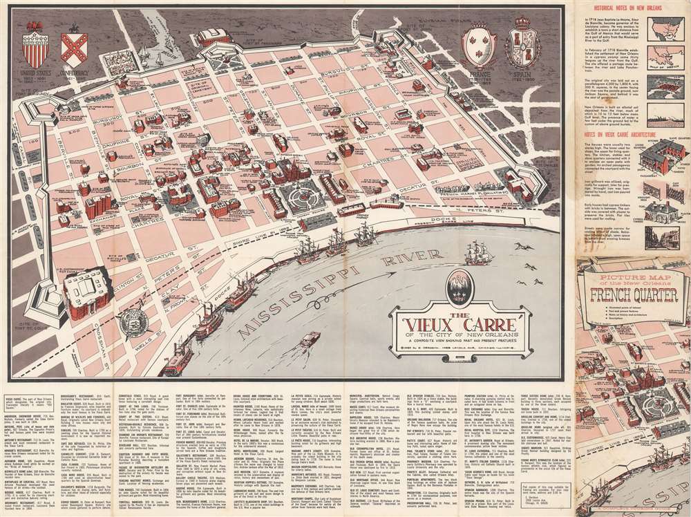 The Vieux Carré of the City of New Orleans: a Composite View Showing Past and Present Features. Picture Map of the New Orleans French Quarter. - Main View