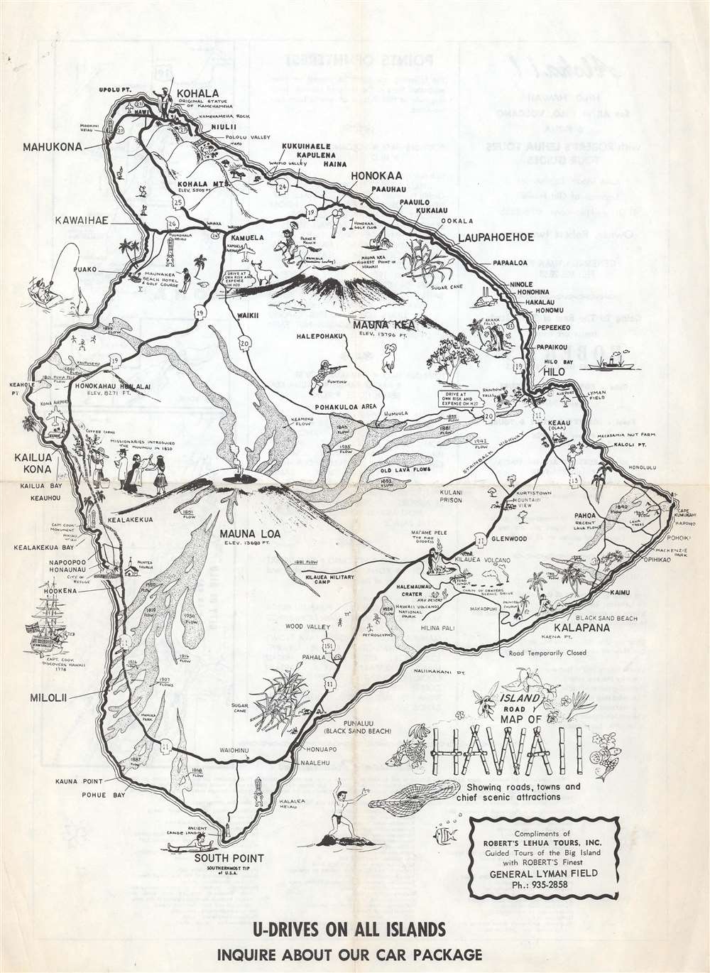 Island Road Map of Hawaii Showing roads, towns and chief scenic attractions. - Main View