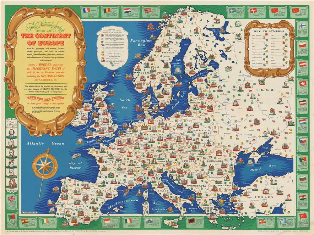 The National Savings Picture Map of the Continent of Europe with its geography and natural features clearly portrayed,and with its historic events, famous buildings, great men, industries and other matters of interest clearly described and illustrated within a Border displayong the Important Facts of each of the 29 European countries including the Size, Population, and Currency, etc. - Main View