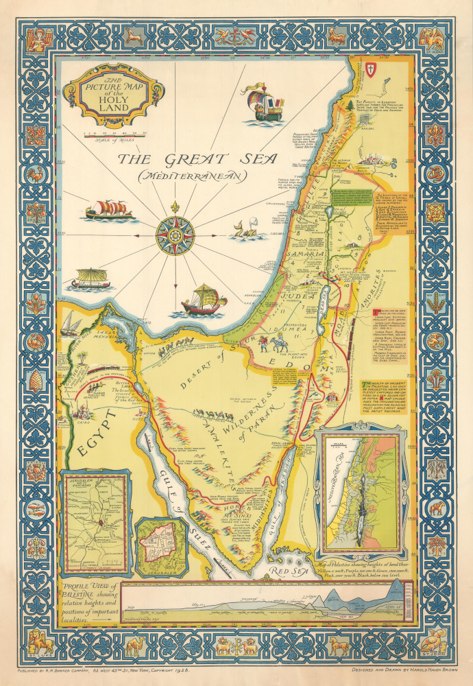 1928 Harold H. Brown Pictorial Map of the Holy Land / Israel / Palestine w/ Sinai