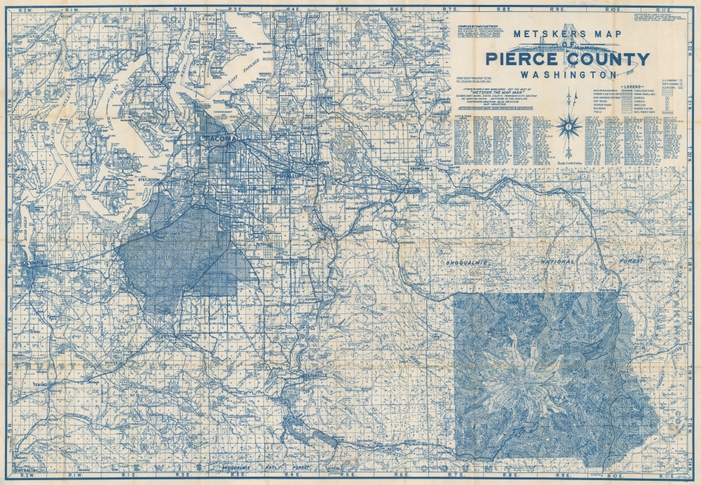 1945 Metsker Map of Pierce County, Washington (Mt. Rainier)